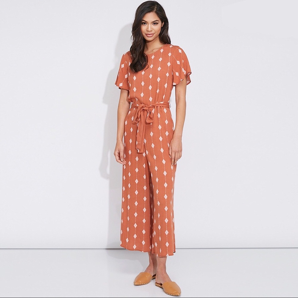 Tie Waist Cropped Length Jumpsuit Diamond Print - Picture 6 of 9